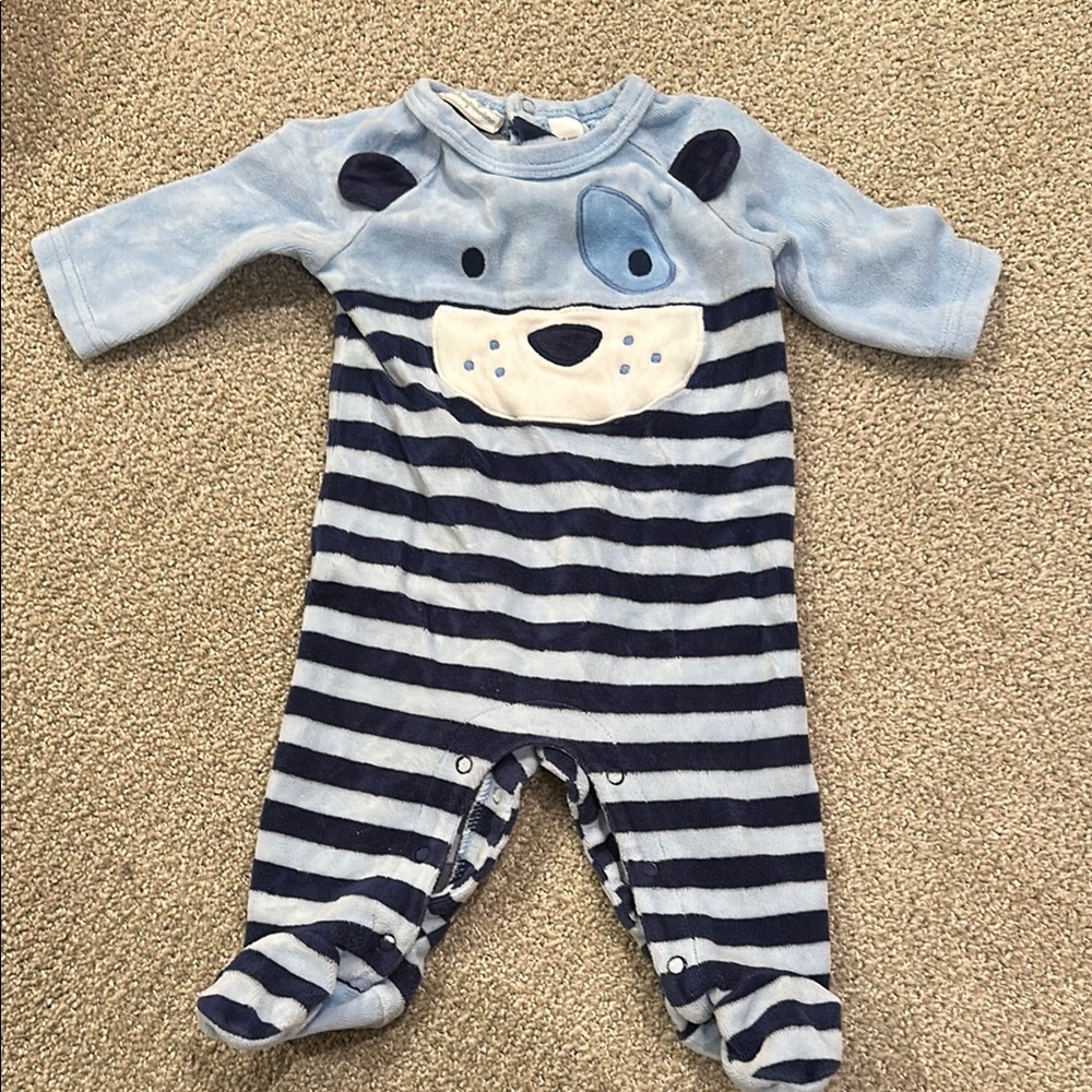 First Impressions Blue and White Footies with Cartoon Animal Design